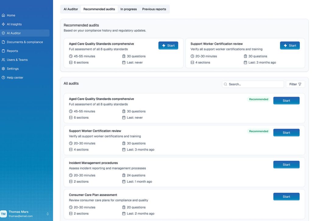 Screenshot of an audit management dashboard showing recommended and available audits with details such as time estimates, questions, sections, and review status.