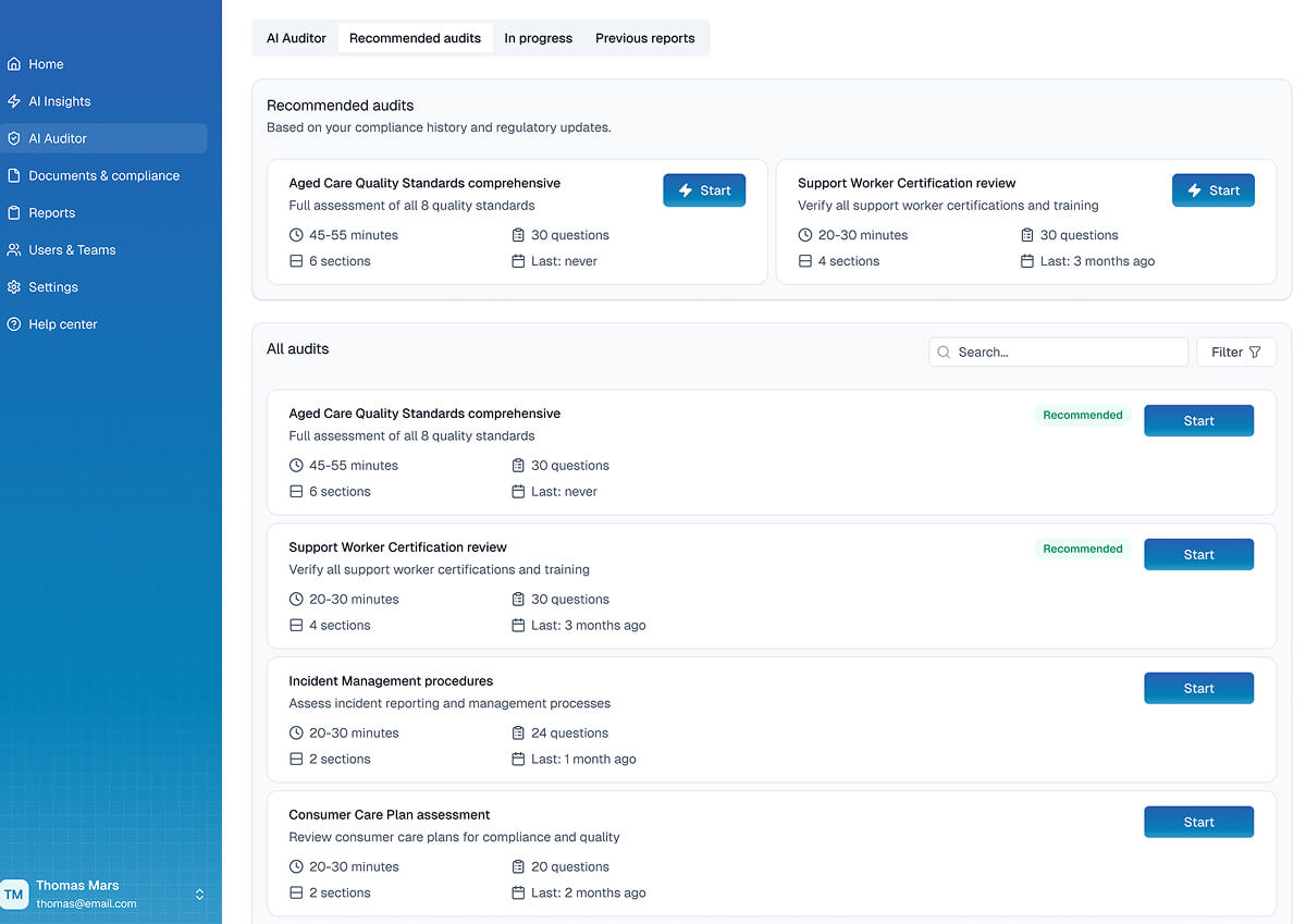 Screenshot of an audit management dashboard showing recommended and available audits with details such as time estimates, questions, sections, and review status.