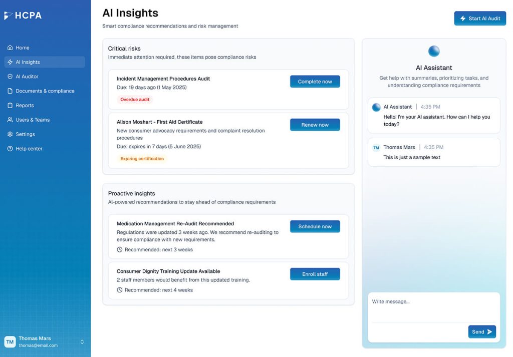 A dashboard showing AI-driven compliance recommendations, risk management tasks, certification status, and an integrated AI chat assistant on the right.