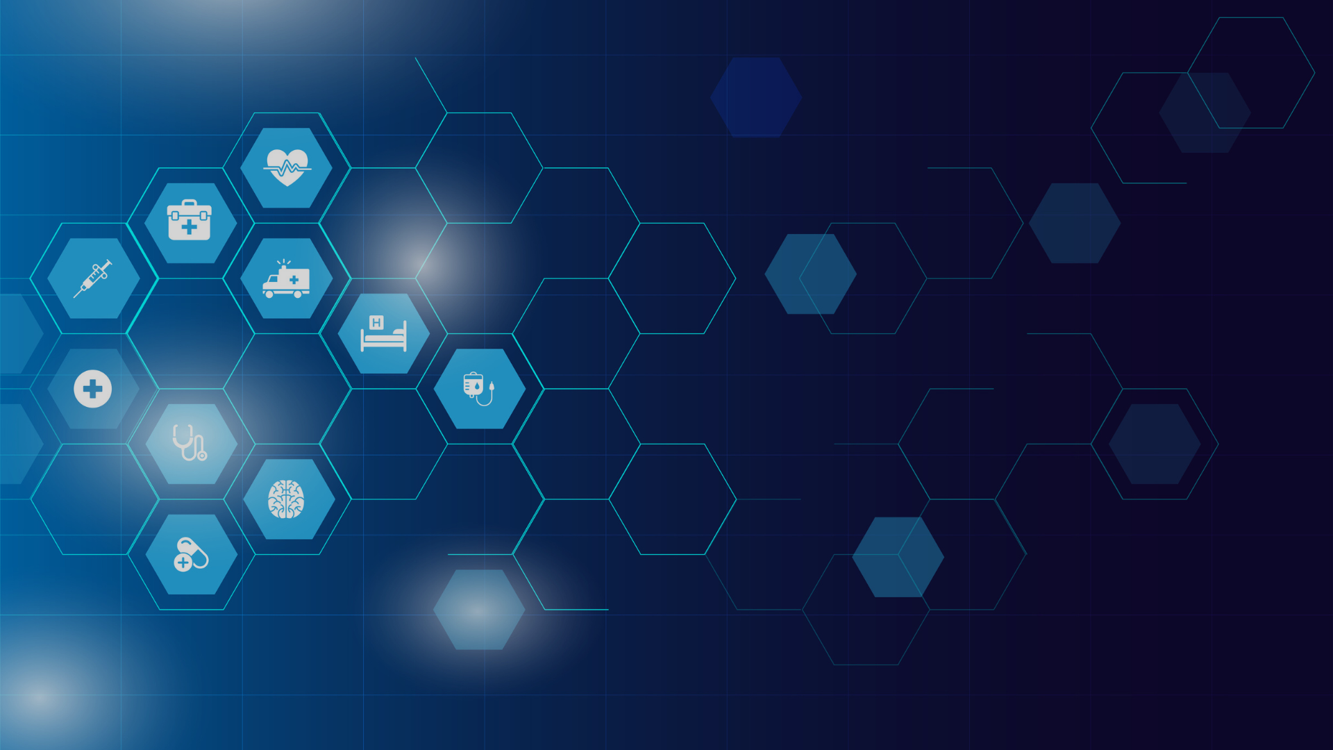 Amidst a dark blue background with interconnected hexagons, some containing medical icons like a syringe and stethoscope, the imagery embodies the Med-Can industry's dedication to compliance and innovation in healthcare.