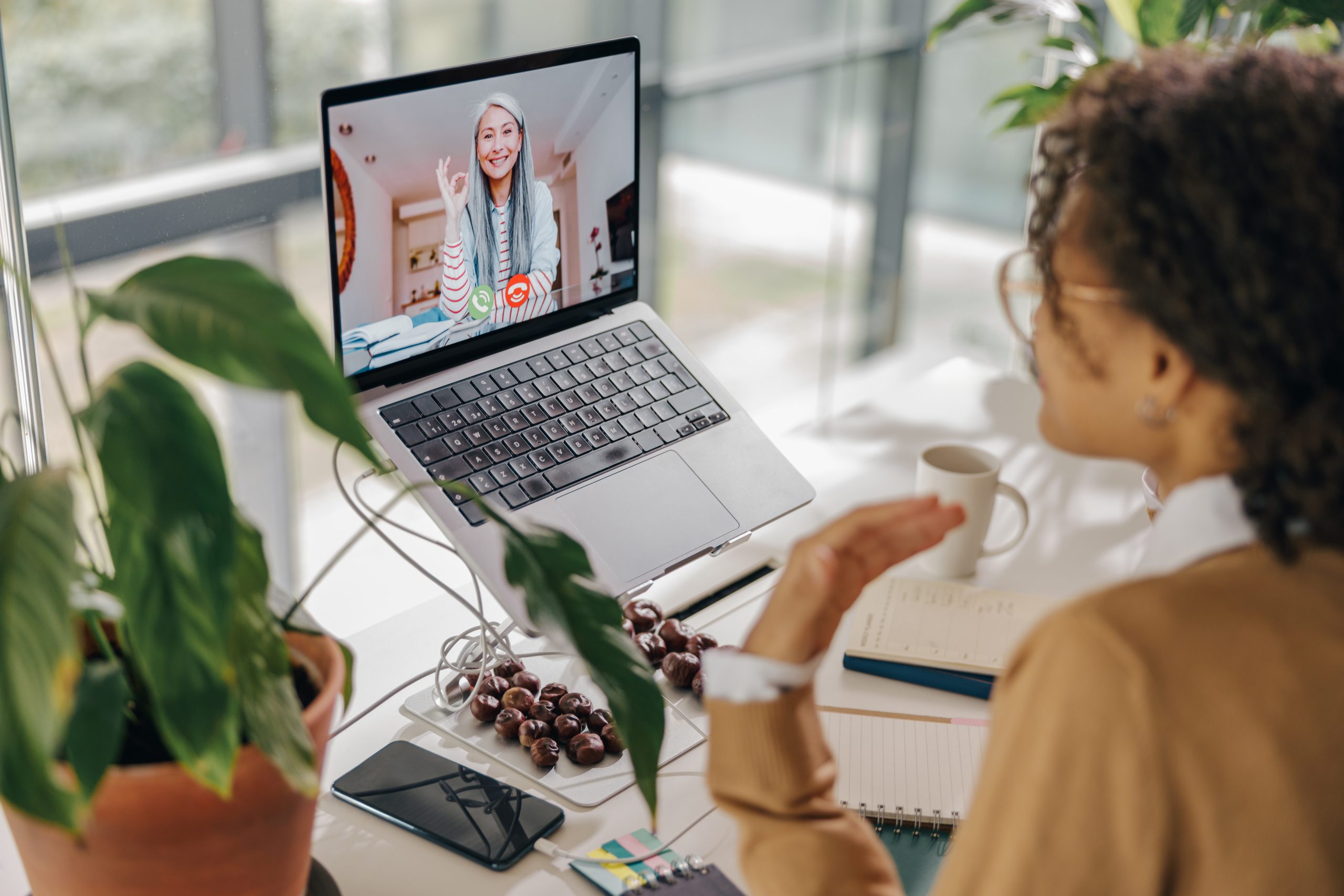 A person participates in a video call on a laptop at a desk with a notebook, pen, phone, and potted plant.