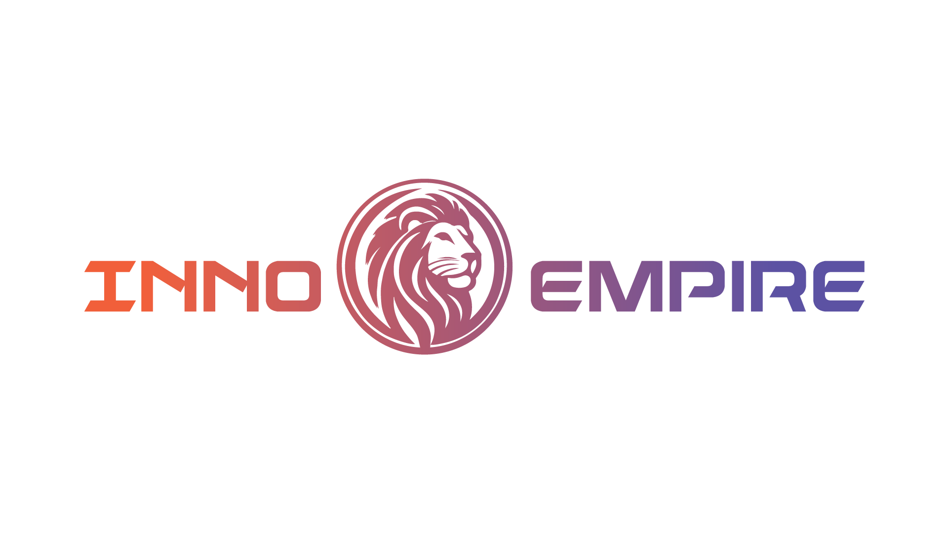 Logo with the text "INNO EMPIRE" in red and purple gradient, separated by a circular lion head graphic in the center.